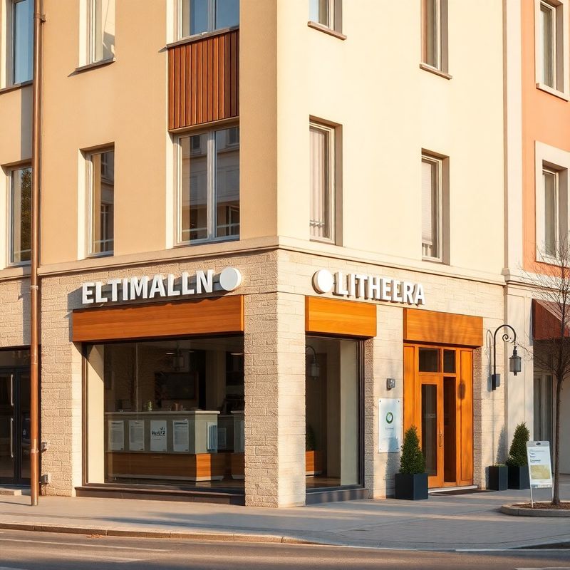 Stone-mint facade of refined low-rise office building in Timișoara at morning light