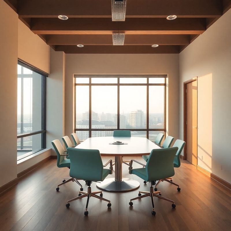 Advisory meeting room in stone-mint and timber tones, Timișoara city view through window
