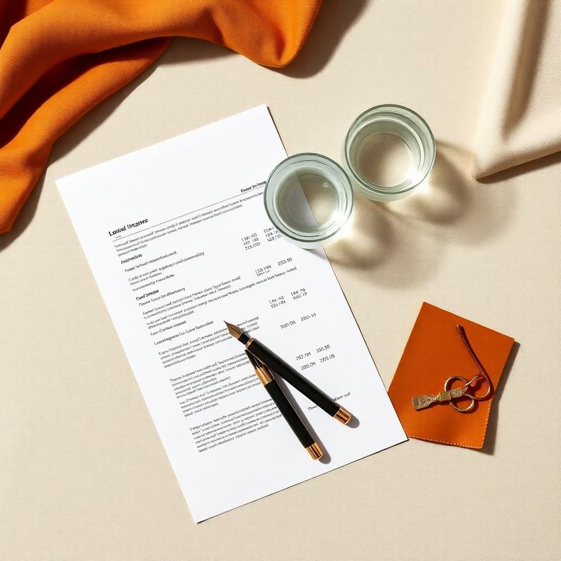 Overhead flat-lay of financial documents and fountain pen on stone-mint linen